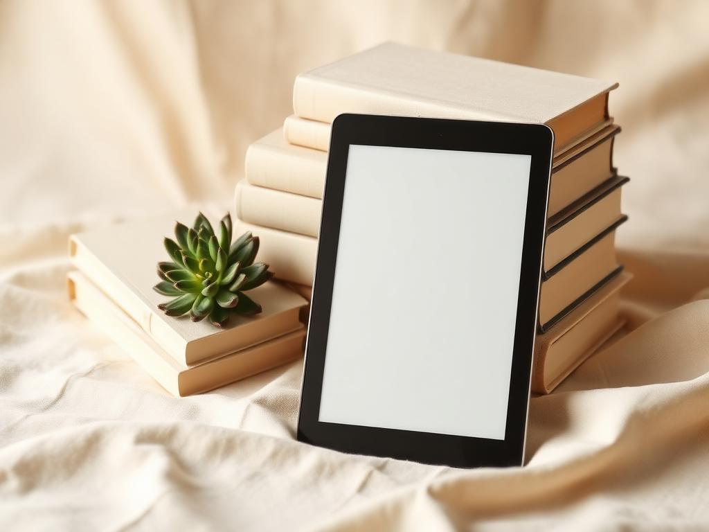 An e-reader leaning against a stack of cream-jacketed books and a small succulent on cream linen.